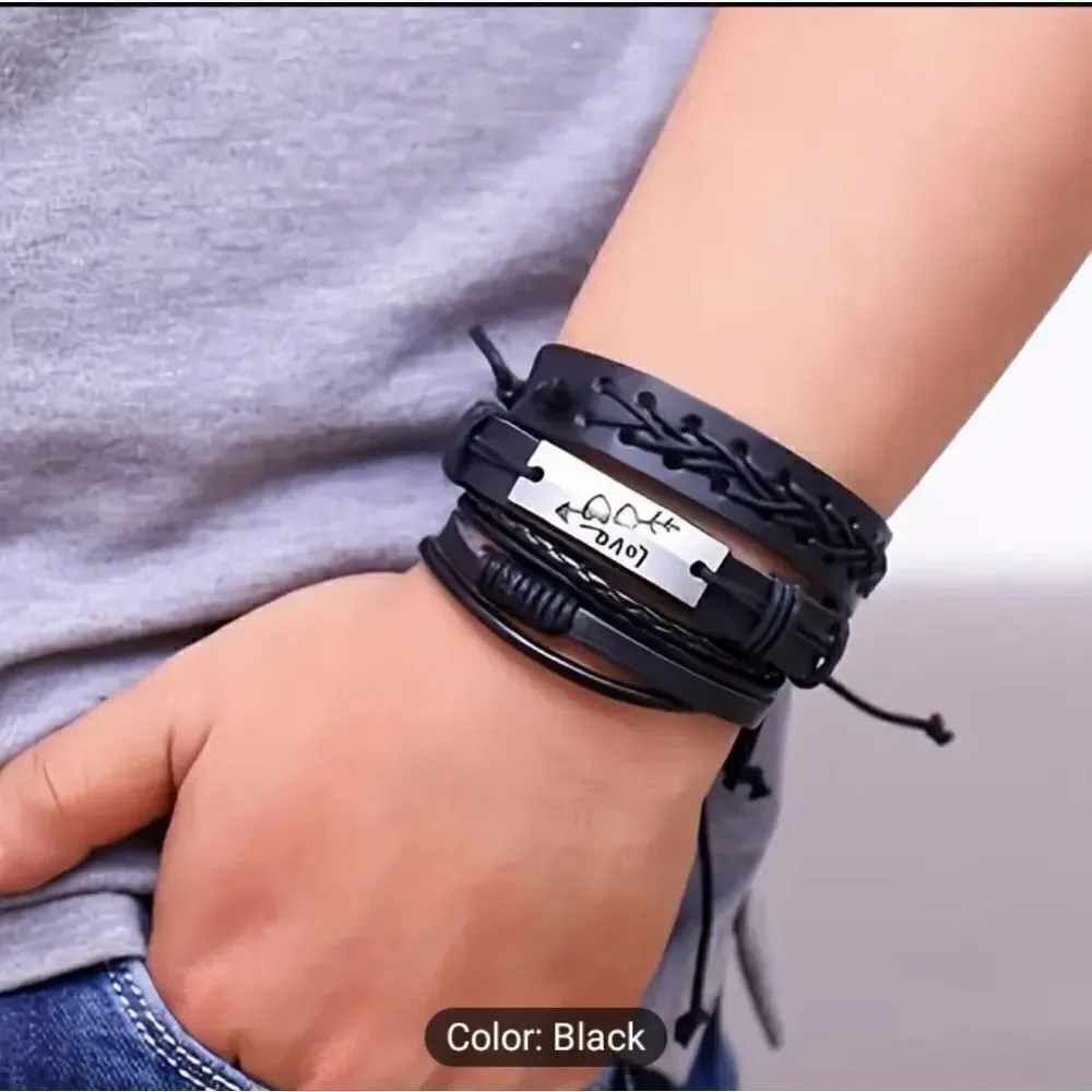 Men's‎ leather bracelets set layered braided black new d13